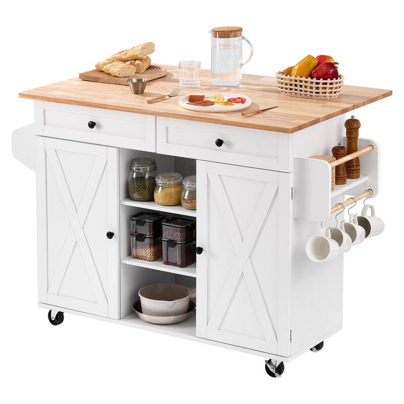 35" Mobile Kitchen Island Cart with Drop Leaf and Lockable Wheels Storage Drawers and Cabinets - 44"L x 30"W x 35"H