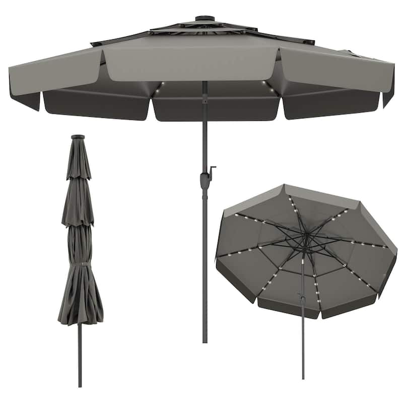 10 FT Solar LED Patio Umbrella 3-Tiers Scalloped Outdoor Umbrella - Grey