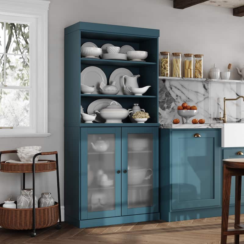 100% Solid Wood 32" Kitchen Pantry Cabinet with 2 Doors by Palace Imports - Teal Blue - Frosted Glass