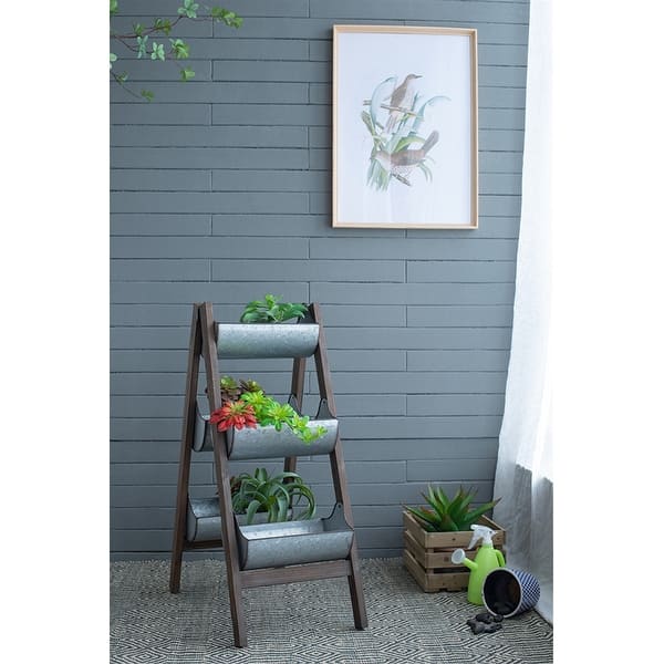 Foldable Reeded Wood Farmhouse Foldable Reed Galvanized and Wood Ladder Planter - Bed Bath ...