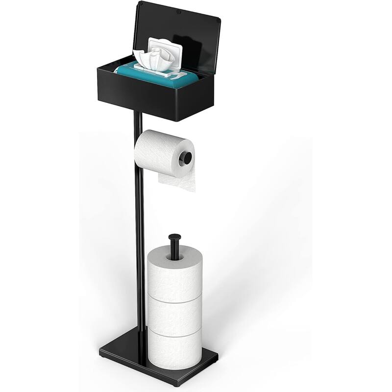 With Wipe Box Black toilet paper mobile phone holder, freestanding paper towel roll storage rack, home furnishings - Black