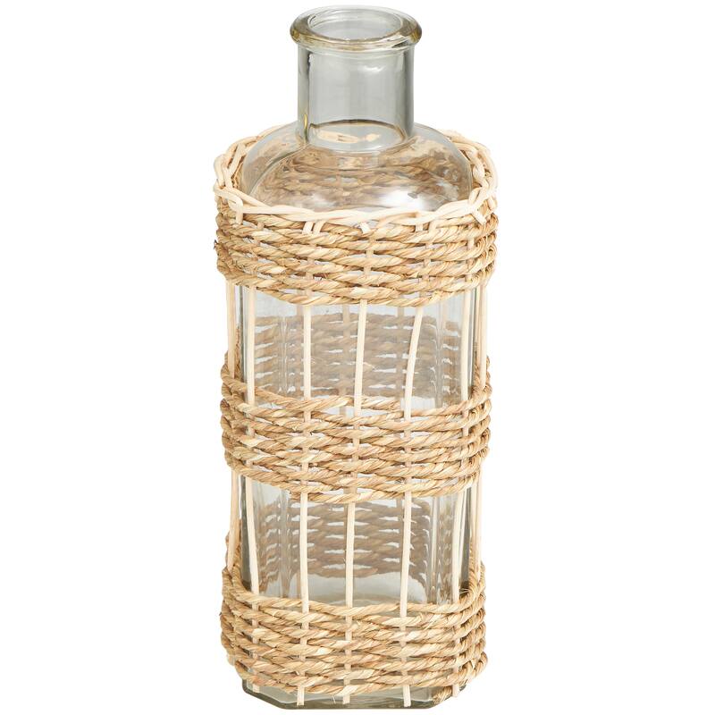 Handcrafted Clear Glass Vase with Light Brown Rattan Woven Body