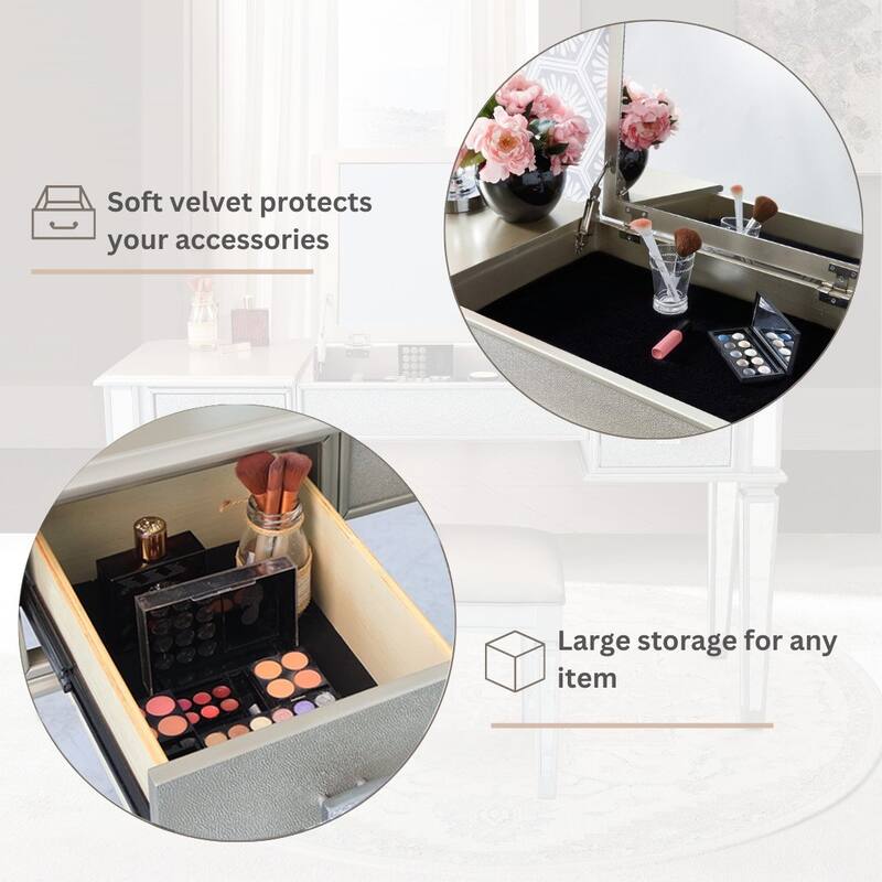 Mirrored Vanities Desk with Drawers - White