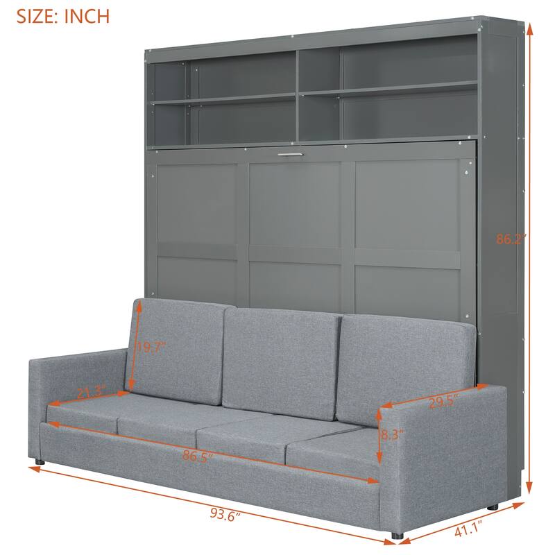 Full/Queen Size Murphy Bed Wall Bed with Sofa & Storage, Foldable Space-Saving Design with Cushion