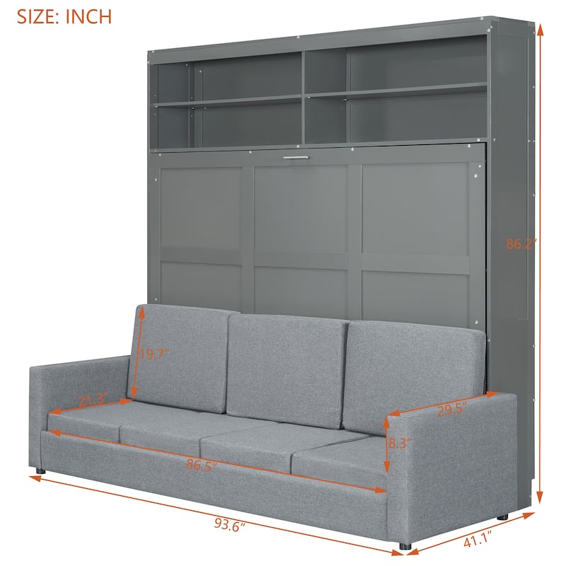 Space-Saving Queen Murphy Bed with Sofa, Gray - Foldable Wall Bed for Small Apartments