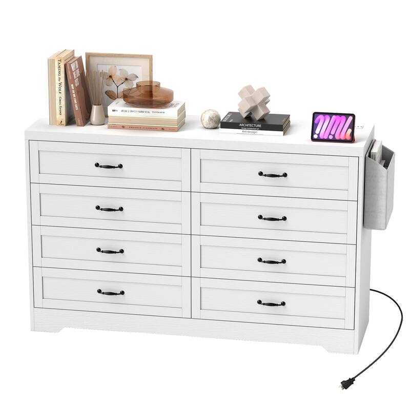 Vintage Double Dresser Chest of Drawers with Charging Station and Side Organizer Bag - White - 8-drawer