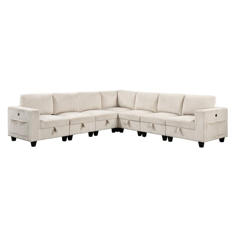 7-Piece Modular Sectional Couch with Storage, Pockets, Charging Ports in Beige Corduroy, Solid Wood