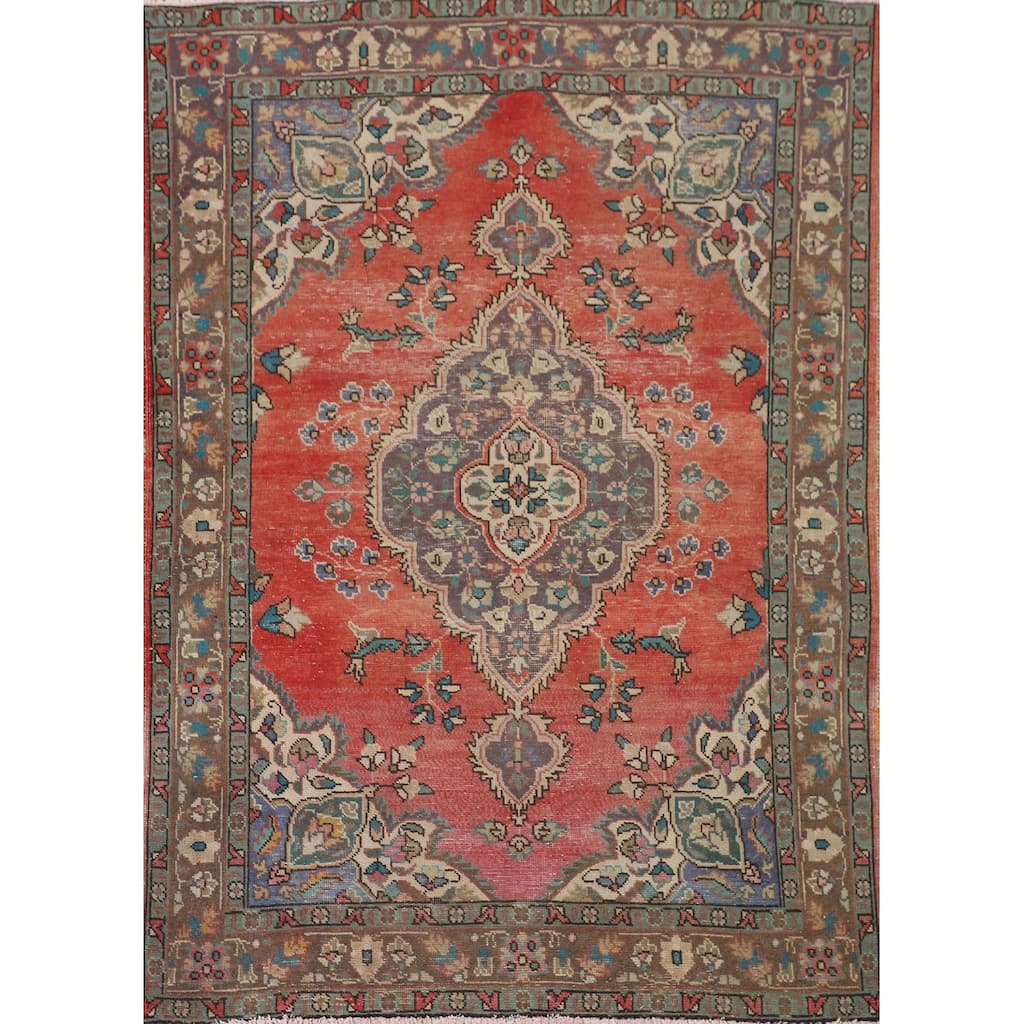 Tabriz Persian Vintage Rug Hand-Knotted Floral Orange Wool Carpet - 4'9"x 6'3"