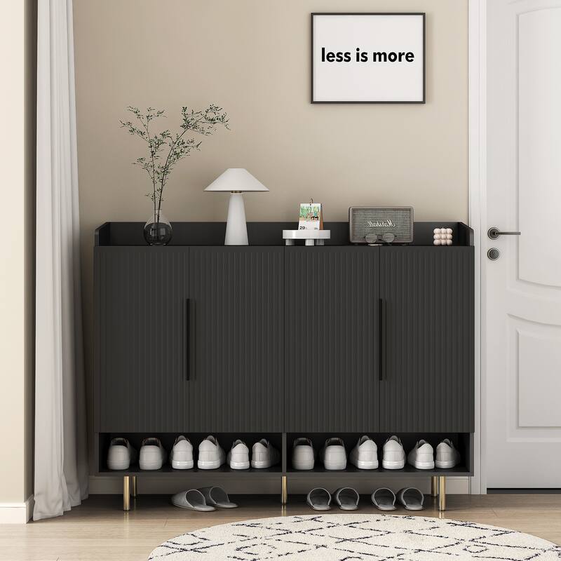 Stripe Accent Cabinet with Top Display Shelf, Entryway Shoe Cabinet with Adjustable Shelves, 4-Layer Storage Cabinet