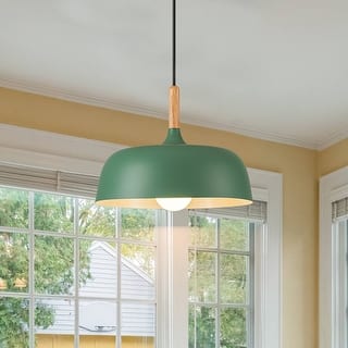 Modern 1-Light Green Dome Pendant Light with Decorative Wood Accent