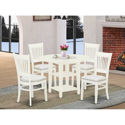 5-Piece Linen White Finish Solid Wood Top - Round Dining Room Set Seats-4