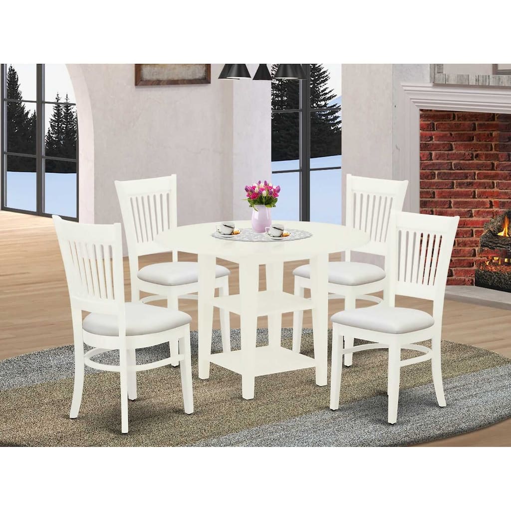 5-Piece Linen White Finish Solid Wood Top - Round Dining Room Set Seats-4