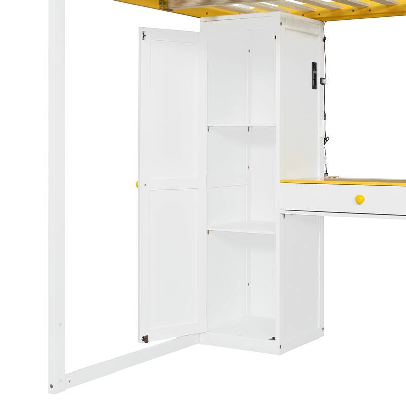 Full Size Loft Bed Frame for Kids with Storage Staircase, Wardrobe, Cabinets, USB, LED and Dressing Table with Mirror and Drawer