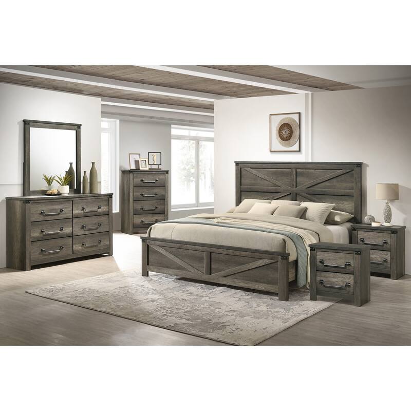 Furniture of America Vraif Farmhouse 6-Piece Rustic Grey Wood Panel Bedroom Set - King