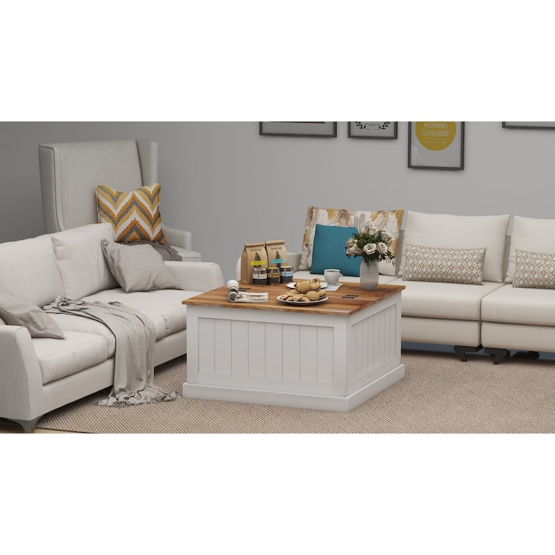Anmytek Farmhouse Coastal Lift Top Coffee Table Rustic Wood White Storage Organizer