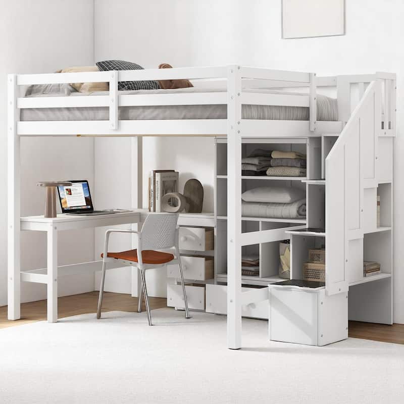 Space-Saving Full Loft Bed with Storage Stairs, Desk, Drawers & Cabinet - Solid Pine & MDF Construction