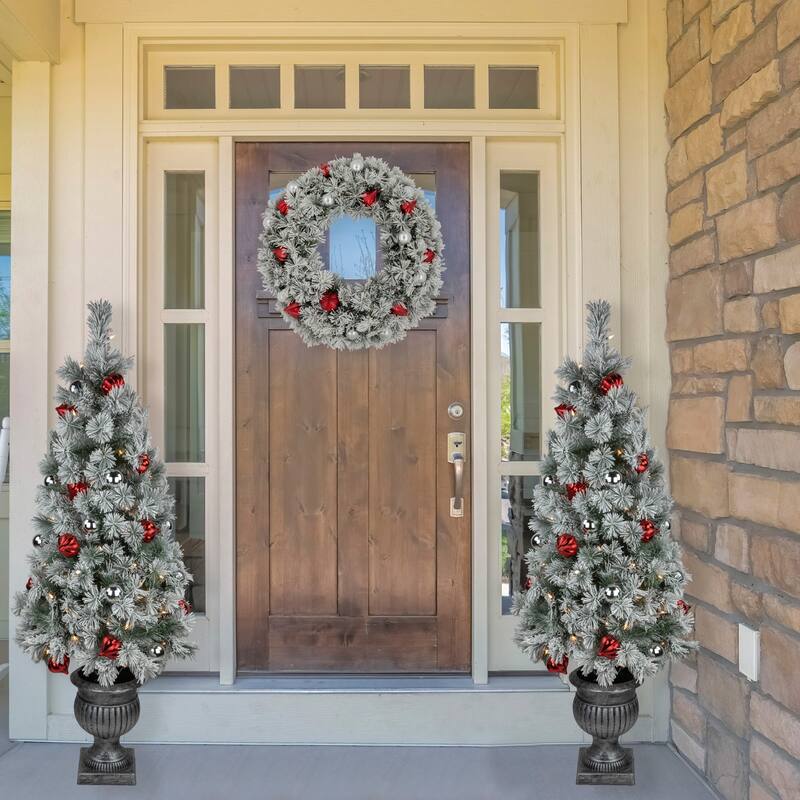 5' Potted Snowy Bristle Pine Artificial Christmas Tree, Clear Lights - 5 Foot
