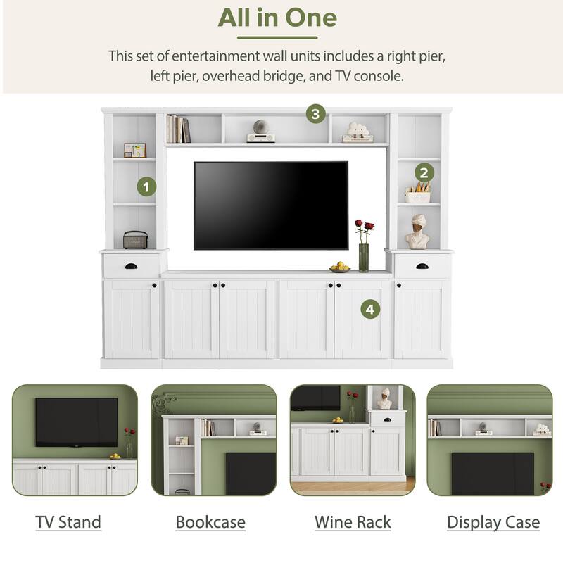 Modern Wall Unit Set for TVs Up to 75" with Adjustable Bridge & Ample Storage - Includes Bookcase, Wine Rack & Display Case
