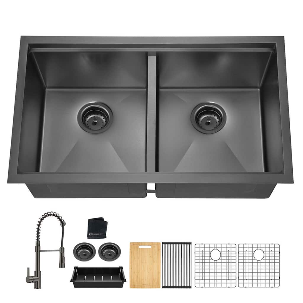 Undermount Double Bowl Kitchen Sink 18 Guage Stainless Steel With Faucet