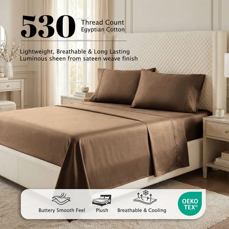 Superior Egyptian Cotton 530 TC Sheet Set Sateen Weave, Deep Pocket, Ultra‑Soft & Breathable Bedding