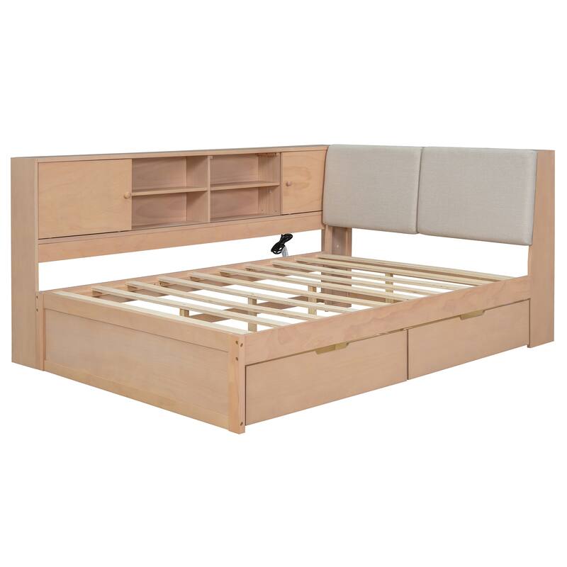 L-shaped Daybed Wooden Corner Sofa Bed Frame with Sliding Doors Bookcase Captains Bed, Upholstered Headboard Built-in Storage