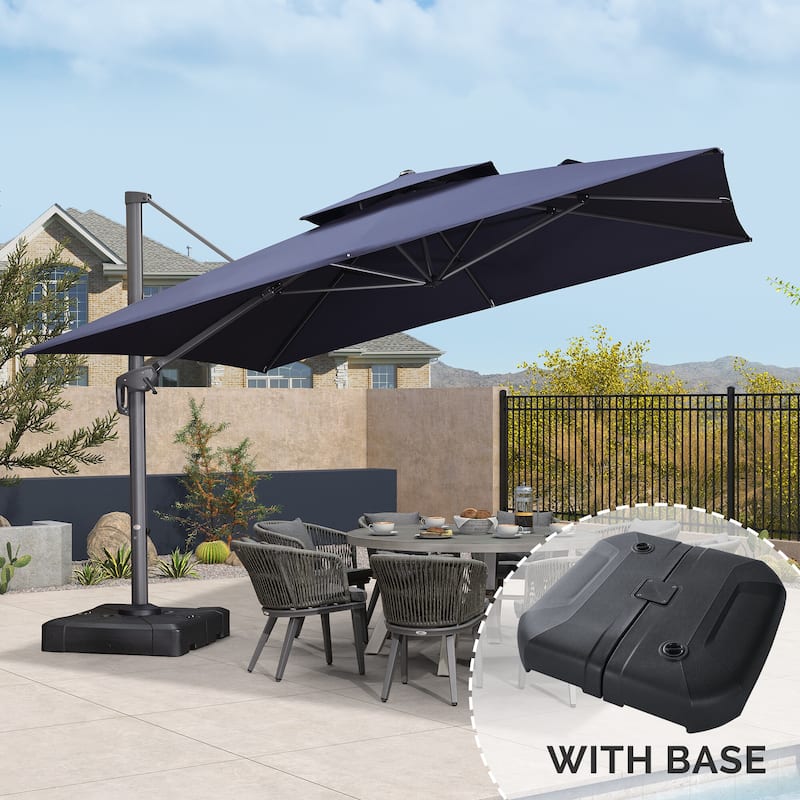 PURPLE LEAF 12ft Square Cantilever Umbrellas with Tilt-and-Crank with Base - Navy Blue