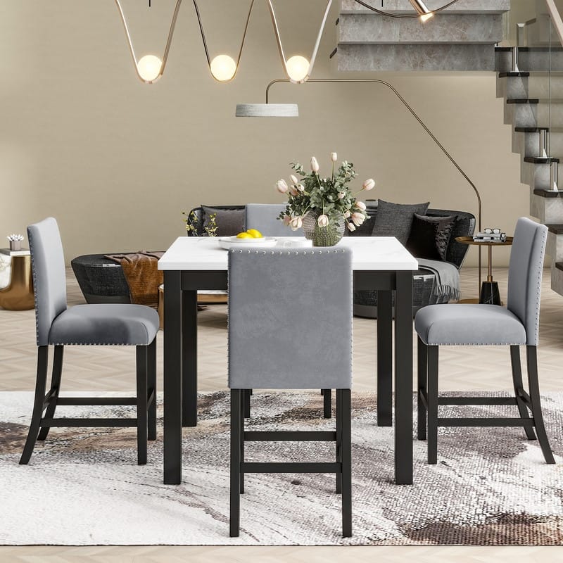 Modern 5-Piece Dining Room Set For 4,Faux Marble Dining Table and 4 Velvet Upholstered Dining Chairs - Grey