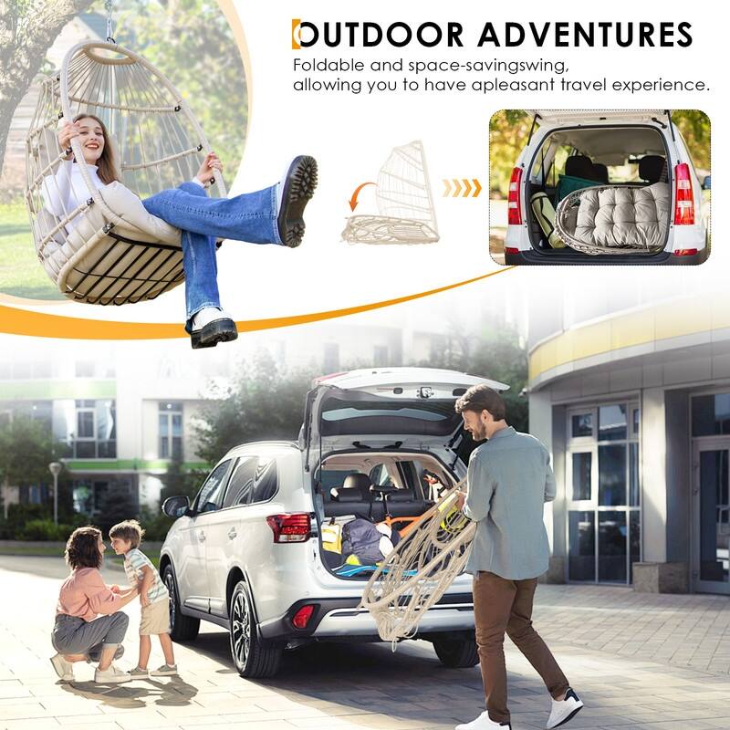 Outdoor Indoor Wicker Foldable Hanging Egg Chair Without Stand, Patio Swing Chair with Cushion, 350 lb Capacity