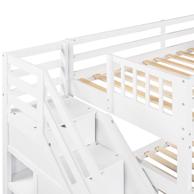 L-Shaped Twin over Full Bunk Bed with Drawers, Ladder, and Staircase in White