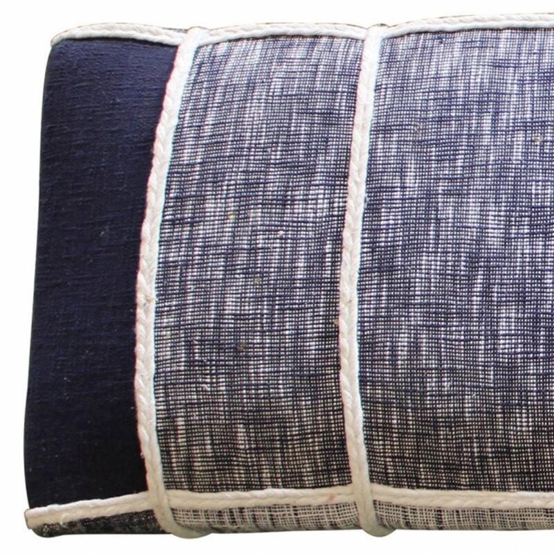Wood Navy Blue Cotton Upholstered Bench Plaid Embroidery Nailhead Trim - 6” D x 47” W x 18” H