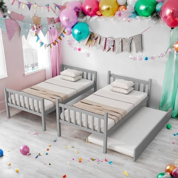 slide 2 of 19, Twin Over Twin Rubber Wood Bunk Bed with Trundle, Convertible into 2 Twin Size Beds,with Ladder and Safety Guardrails-Grey Grey