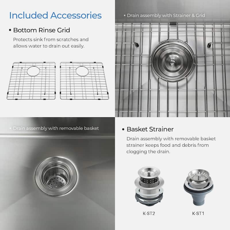 33 Inch Handcrafted Undermount Double Bowl Real 16 gauge Stainless Steel Kitchen Sink with Strainers and Grids