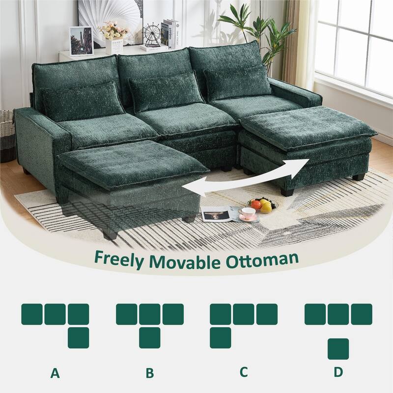 Cloud Chenille L-shaped Sectional Sofa, Deep Seat Couch with Thick Cushions, Movable Ottoman and Waist Pillows for Living Room