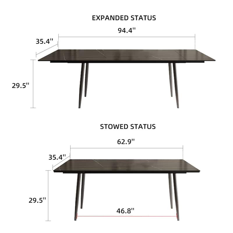 62.9'' to 94.4'' expandable Slate rectangular Glossy White kitchen Stone Top dining table stainless steel legs.