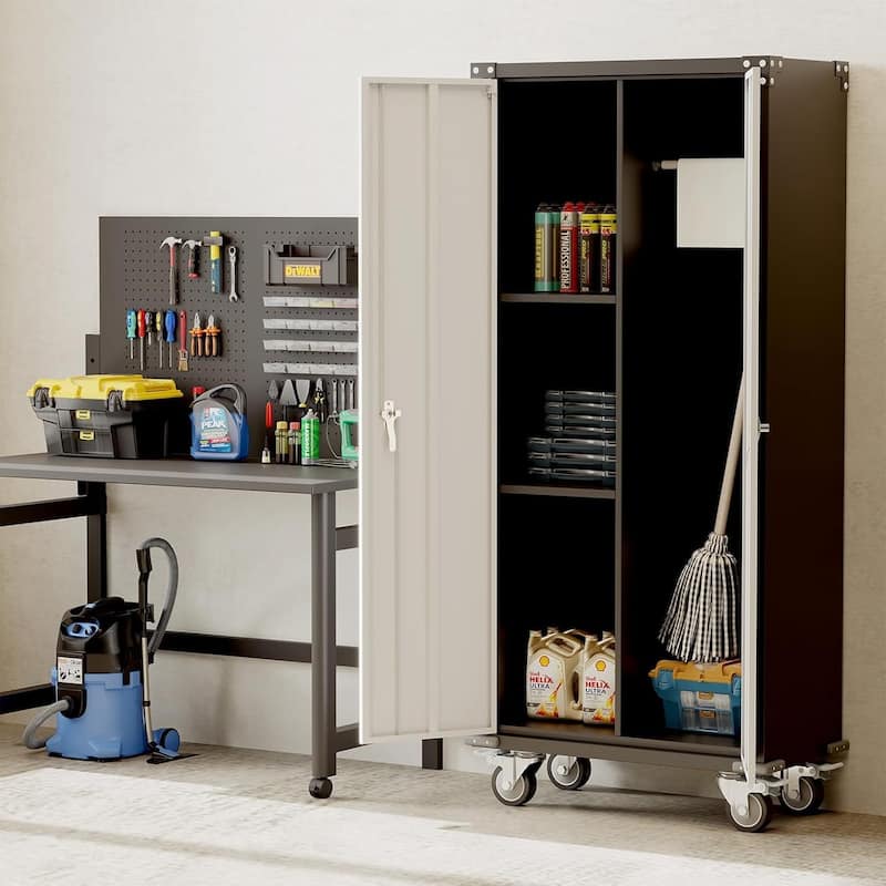 71" H Metal Locker Storage Cabinet with Wheels for Office Shop Home - N/A - Grey
