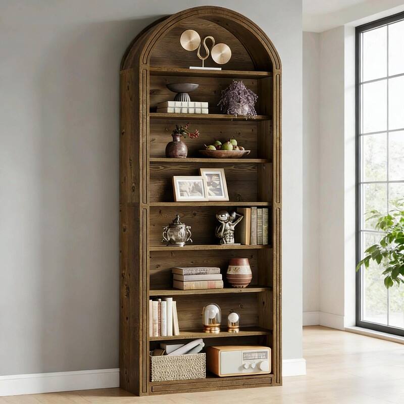 8-Tier Arched Bookshelf with Two-Tone Finish, Sturdy MDF Bookcase with Closed Back for Living Room, Study, or Kitchen - Oak