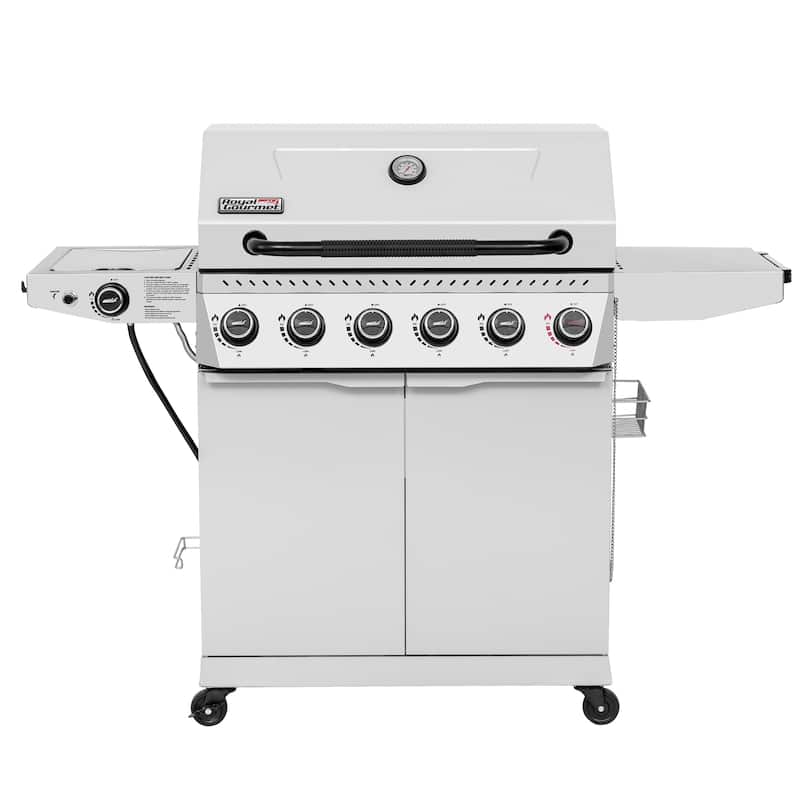 Royal Gourmet GA6406W 6-Burner Cabinet Style Gas Grill with Sear Burner & Side Burner, Stainless Steel Foldable Side Shelf - White - Propane Gas