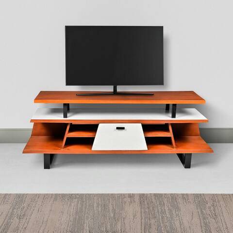 62 Inch Kate Acacia Wood TV Cabinet with Staggered 3 Tier Design and Sled Base, Brown and Black