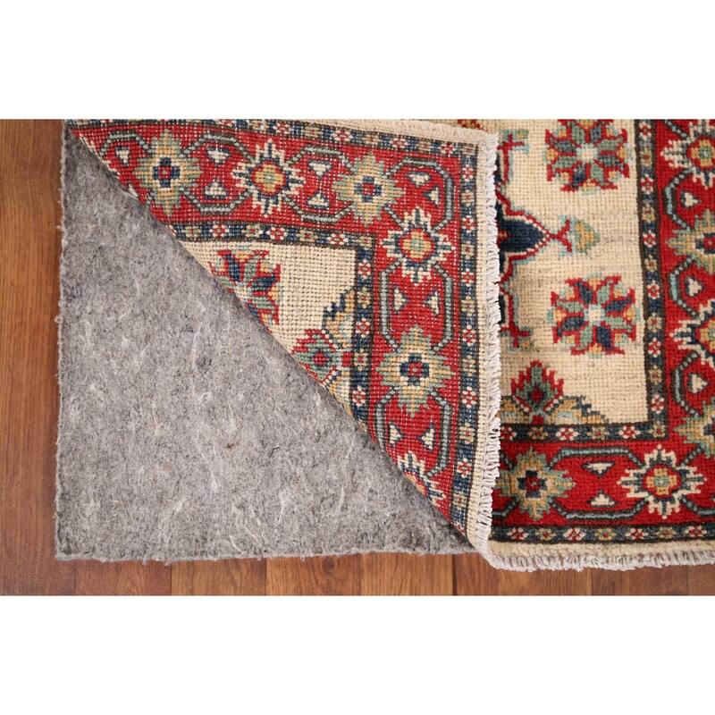 Geometric Kazak Runner Rug Hand-Knotted Beige Wool Carpet - 2'3" x 5'11"