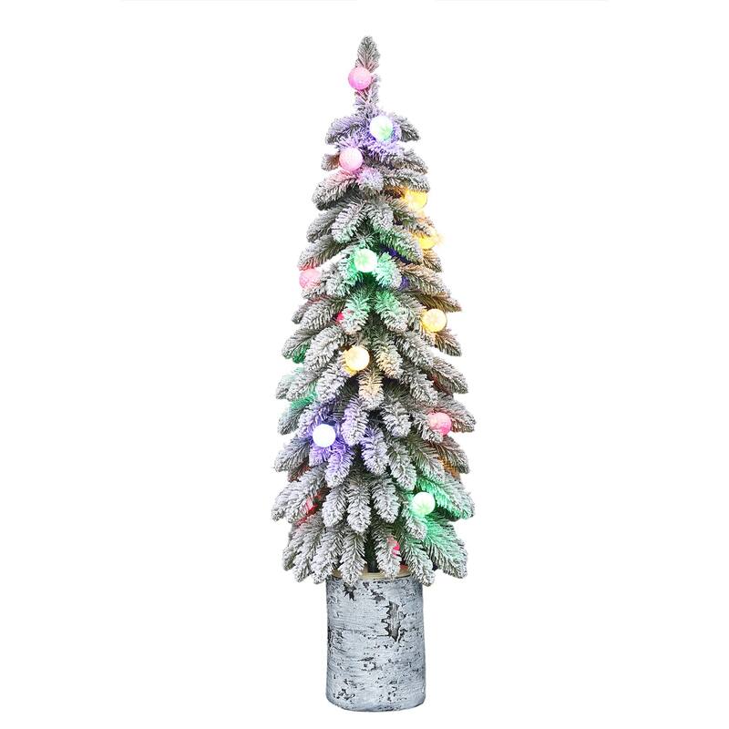 4' Potted Flocked Alpine Pencil Artificial Tree Multicolor Lights - 4 Foot