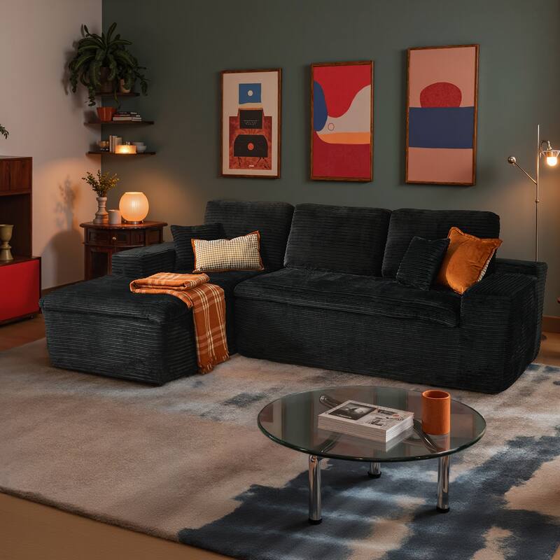 HOOOWOOO Modern Upholstered Fabric Sectional Sofa with Chaise - Corduroy-Black