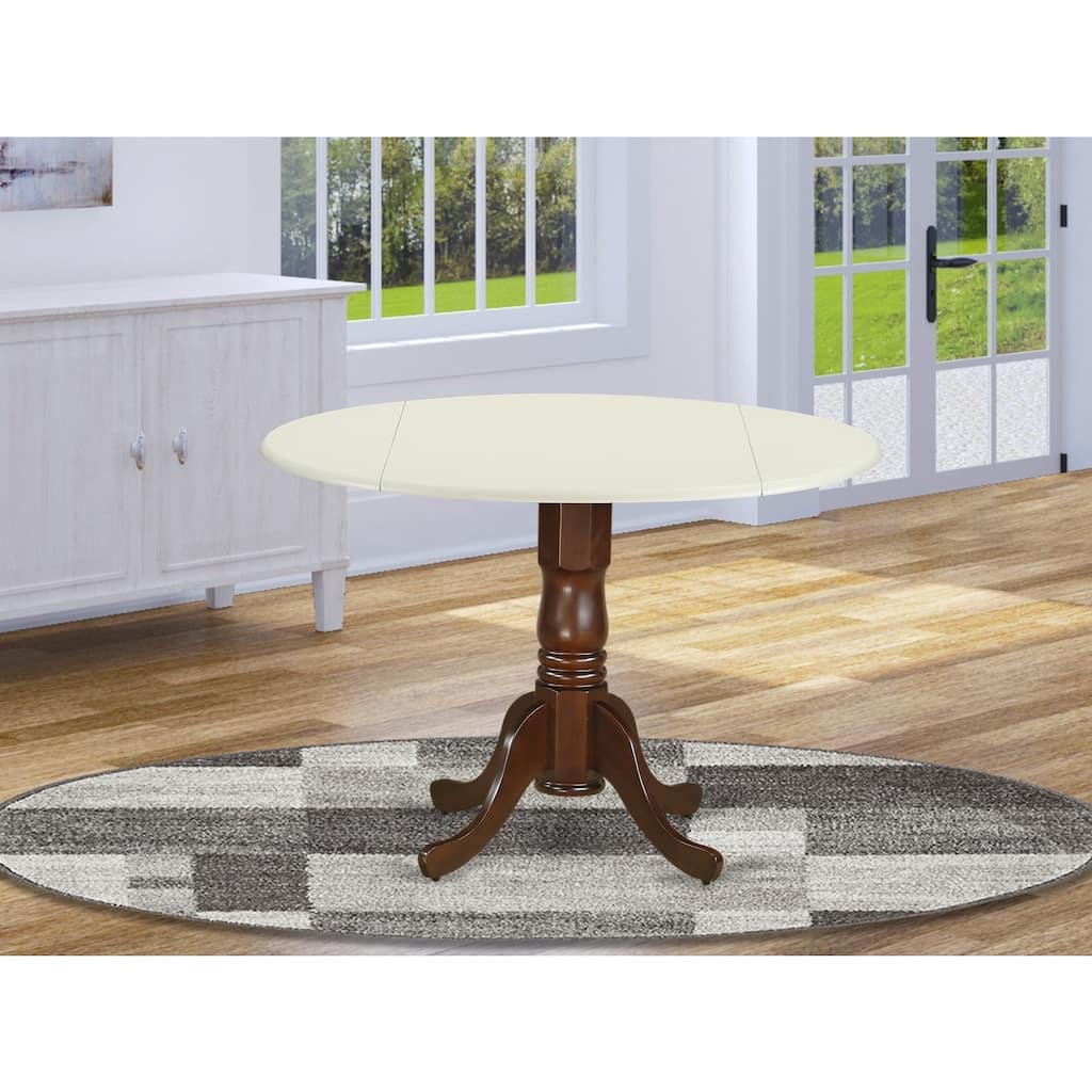 Round Kitchen Table with Drop Leaves - Linen and Mahogany Finish Small Space Dining Table - 42