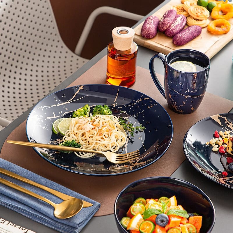 LOVECASA 16-Piece Porcelain Color Glaze with Gold Dinnerware Set
