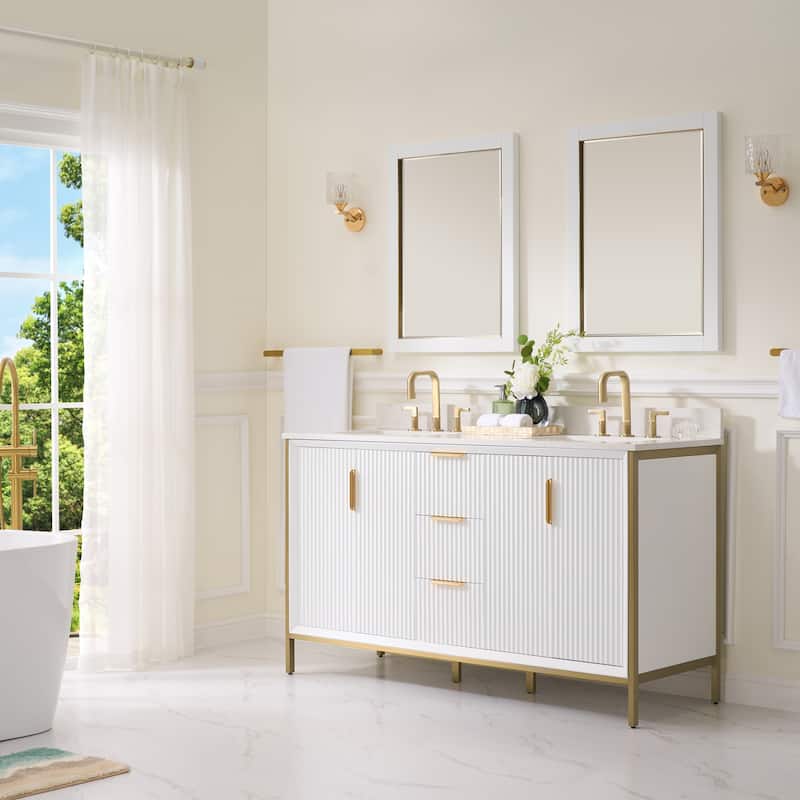 35''H Solid Wood Bathroom Vanity With Carrera White Quartz Top and Sink,White
