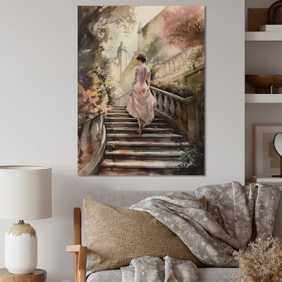Designart "Elegant Woman Walking Down Stairs Iii" Woman Romantic Wall Decor