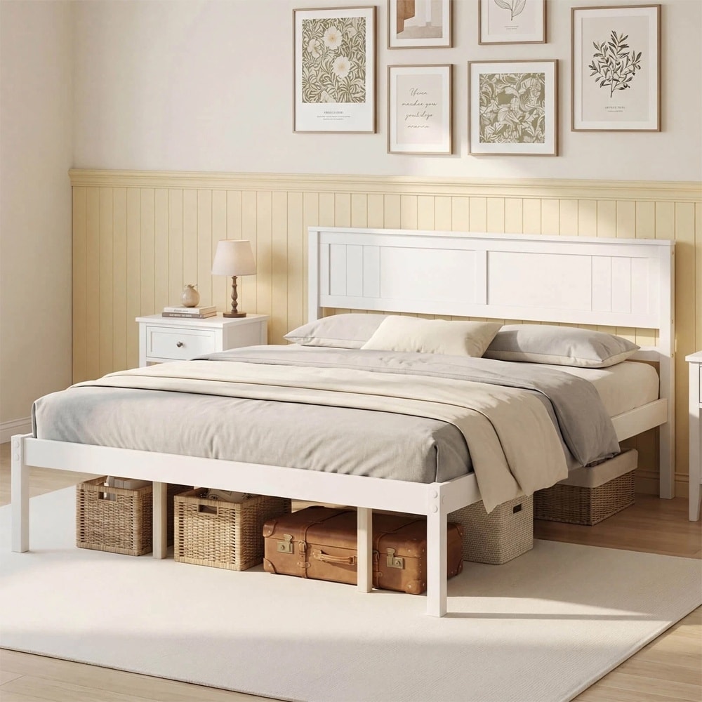 Queen Wooden Platform Bed Frame Headboard Mattress Foundation White