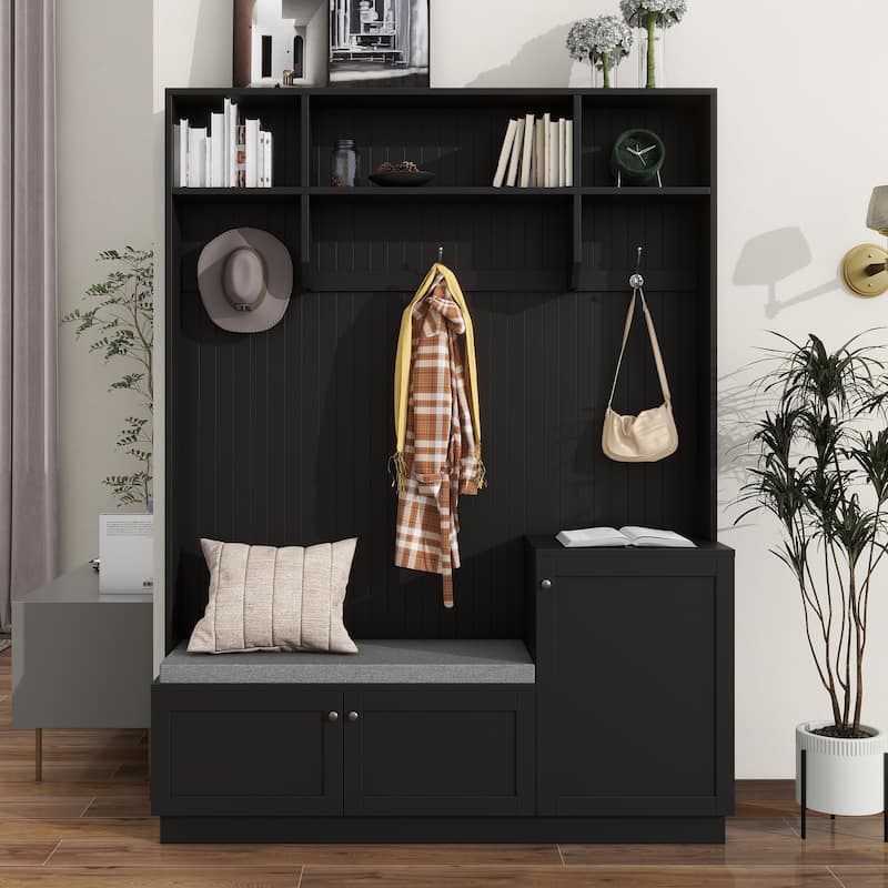 Roomfitters Elegant Hall Tree with Storage Bench and Cushioned, Mudroom Shoe Cabinet with Hooks for Living Room