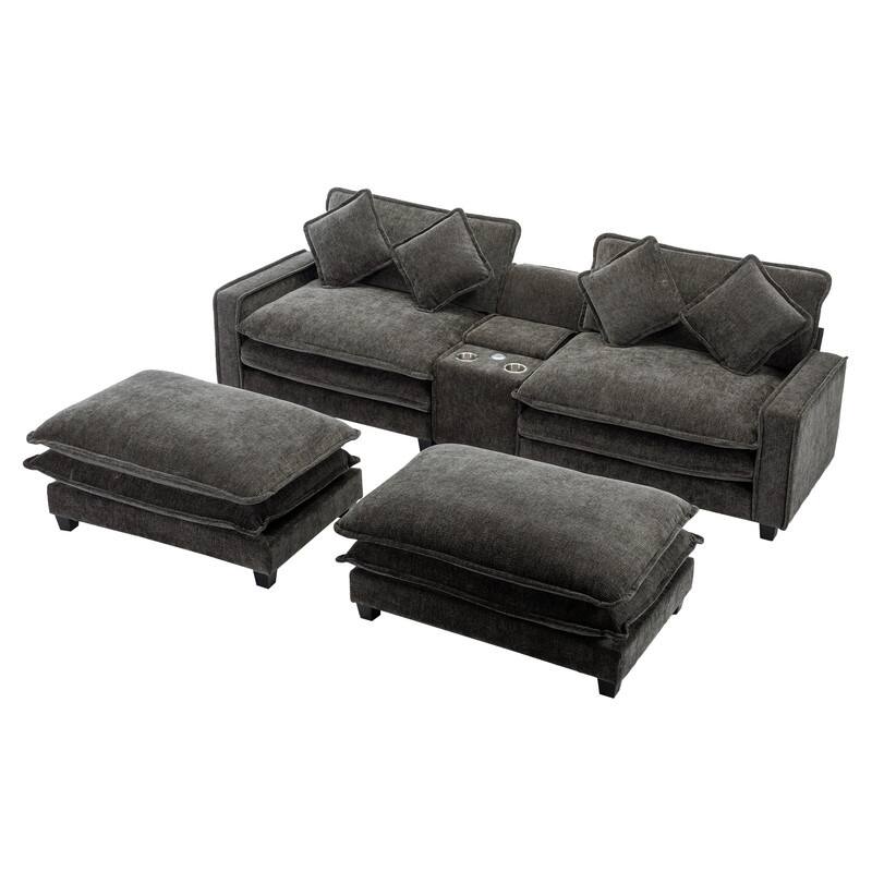 112.6 "Chenille Upholstered Sofa, Two Removable Ottomans, Two USB Ports