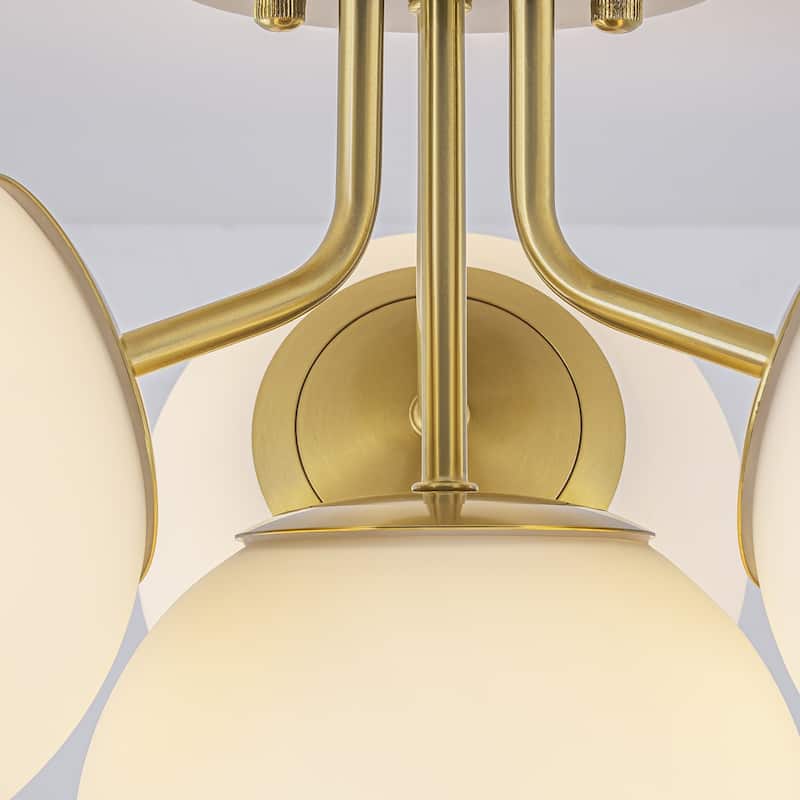 Modern 4-Light Flush Mount Ceiling Light with Opal Glass Globe Shades - Brass - 17.72-in W x 11.02-in H