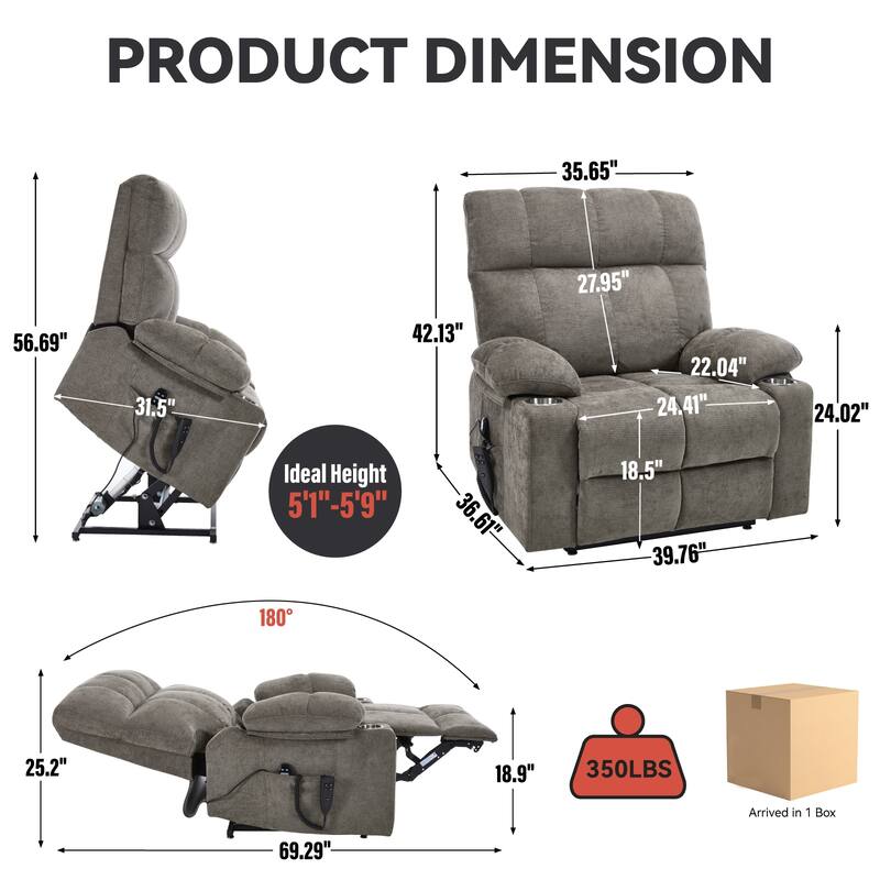 Dual Motor Power Lift Recliner Chair - 350 LB Capacity, Infinite Position, with Massage & Heating in Chenille Fabric